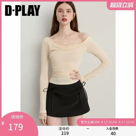 DPLAY2025年秋季新款白色t恤女露肩蕾丝拼接设计修身长袖上衣商品大图