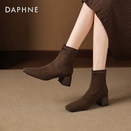 达芙妮高跟短靴女2026秋春新款方头粗跟绒面瘦瘦靴弹力单靴马丁靴商品大图