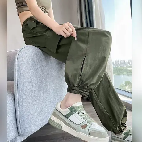 速干冰丝束脚工装裤女夏季薄款高腰垂感宽松直筒休闲哈伦运动裤子商品大图