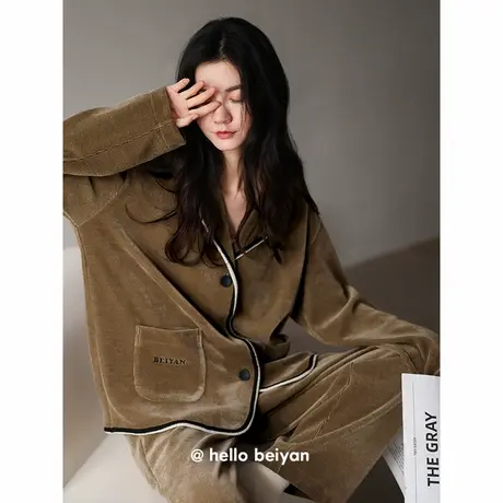 贝妍睡衣女秋冬季新款珊瑚绒时尚开衫女海岛绒家居服保暖大码套装图片