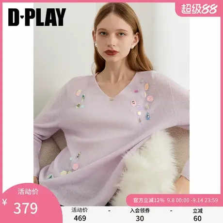 DPLAY2025年秋季新款紫色针织衫女含羊绒羊毛闪片宽松慵懒上衣商品大图