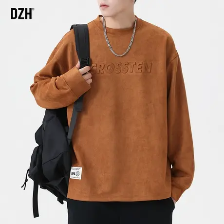 男士重磅麂皮绒卫衣男潮牌美式复古宽松上衣圆领打底内搭长袖t恤商品大图