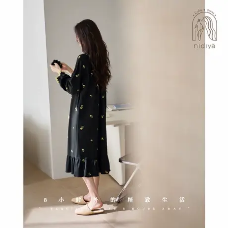 妮狄娅睡衣睡裙女秋季长袖柔软棉法式中长裙田园风春秋休闲家居服商品大图