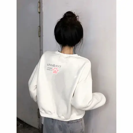 白色洋气独特别致卫衣女2025早秋新款宽松卡通印花短款圆领上衣潮商品大图