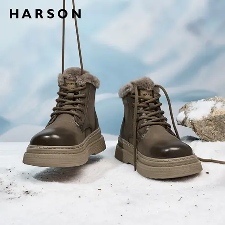 哈森加绒马丁靴男款厚底真皮短靴加厚户外休闲鞋冬季保暖男鞋加厚商品大图