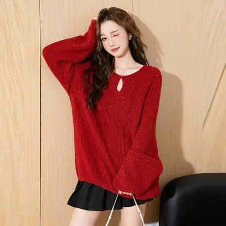 唐狮春季新款红色毛衣女秋冬红色镂空小众设计感简约气质毛线衫TE图片