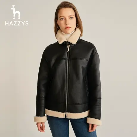 【商场同款】Hazzys哈吉斯女装2023冬季新款短款保暖羊毛皮衣外套图片