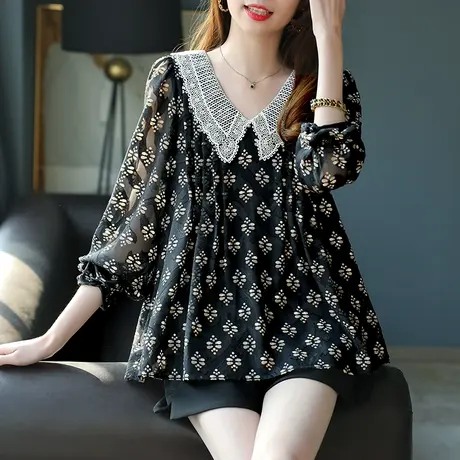 宝诗黎娃娃领印花拼接雪纺衫新款灯笼袖洋气小衫女2023秋季短上衣商品大图