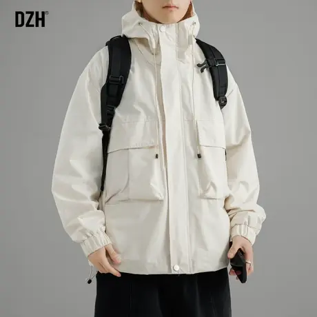 男士米白色连帽工装外套男潮高级感2023新款防风冲锋衣男款登山服商品大图