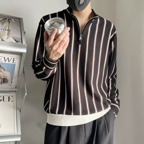 高级感潮牌半拉链毛衣男秋冬季雅痞撞色条纹针织衫轻熟风POLO衫商品大图