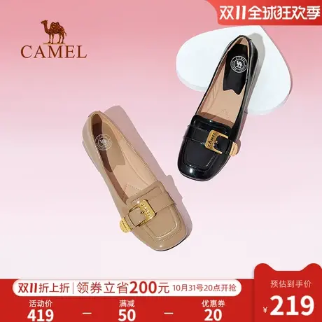 骆驼女鞋2023年夏季新款浅口方头真皮小皮鞋女粗跟乐福鞋女单鞋图片