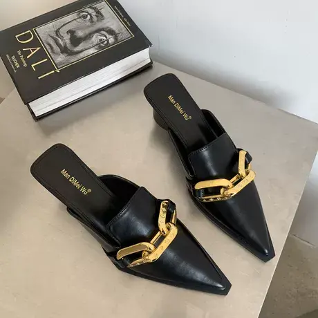 气质尖头凉拖鞋女外穿2023年春季新款粗跟链条时尚高跟包头半拖鞋商品大图