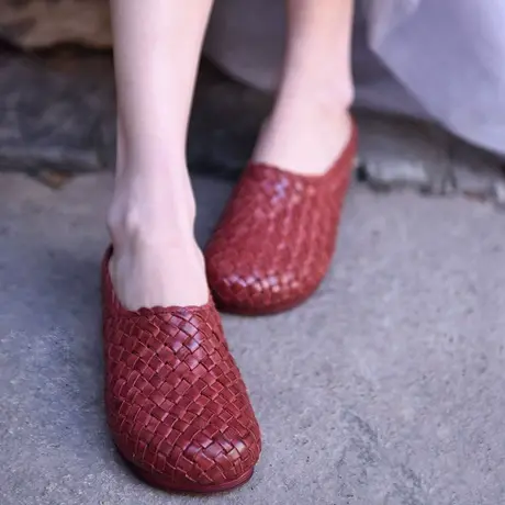 Artmu阿木原创复古手工真皮编织包头半拖鞋女外穿新款软底皮凉拖图片