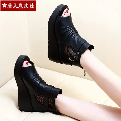 吉菲儿女凉鞋2023秋季新款鱼嘴鞋真皮高跟凉靴坡跟短靴秋镂空女鞋商品大图