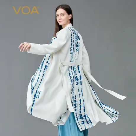 VOA60姆米重磅真丝长空西装领白色印花双排扣腰间系带桑蚕丝外套商品大图