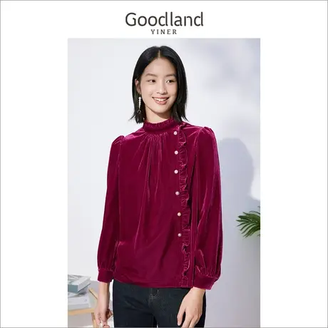 Goodland美地女装冬季泡泡袖灯芯绒上衣荷叶边立领衬衫商品大图