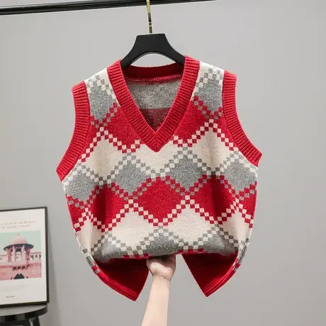 菱形V领针织衫女2023春装新款韩版宽松无袖马甲外搭上衣套头背心图片
