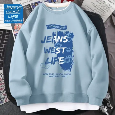 真维斯LIFE假两件圆领卫衣女2023春秋款chic港味复古宽松上衣外套商品大图