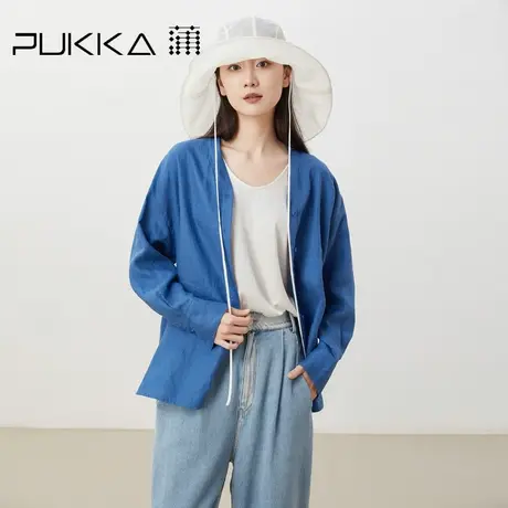 蒲PUKKA 亚麻衬衫女2023年春夏轻工装风V领宽松休闲长袖衬衣商品大图
