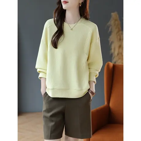 宝诗黎圆领宽松纯色落肩长袖卫衣内搭慵懒上衣T恤2024春秋季新款图片