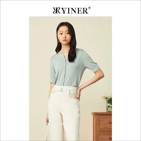 YINER音儿专柜女装2022夏季新款半开领短袖蚕丝针织开衫商品大图