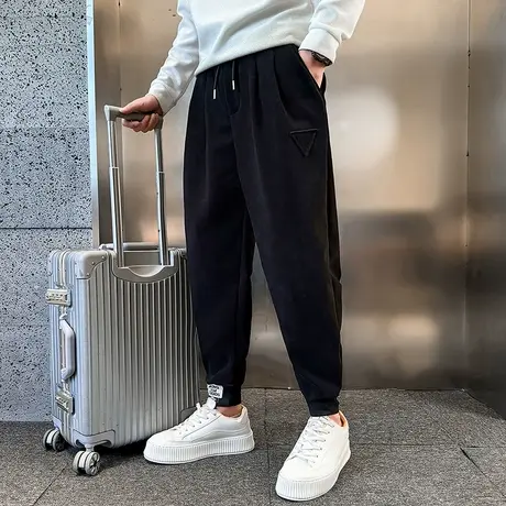 休闲裤秋冬款美式纯色宽松加绒保暖束脚哈伦裤个性痞帅灯芯绒卫裤商品大图