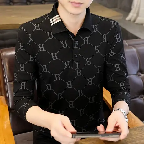 秋季长袖polo衫男士商务休闲潮流翻领长袖t恤打底衫2023秋装上衣商品大图