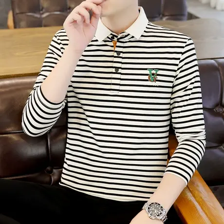 秋季男士T恤条纹长袖翻领POLO衫2023新品高端潮牌体恤衫休闲商务商品大图
