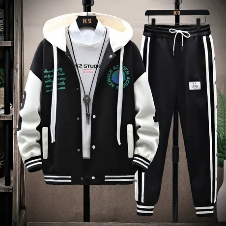 开衫卫衣套装男士春秋新款连帽棒球服外套青少年学生帅气搭配一套商品大图