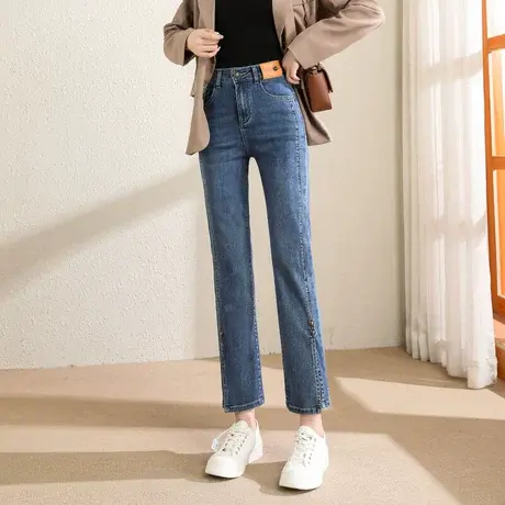 时尚气质显瘦牛仔长裤2022年秋冬季新款女士简约高腰修身直筒裤商品大图