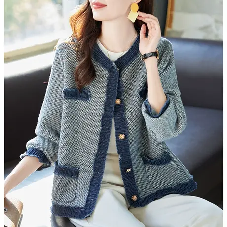 宝诗黎圆领牛仔拼接短外套女春季宽松夹克开衫2024年新款时尚上衣商品大图