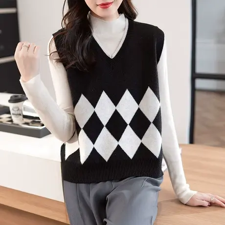针织马甲背心女2023年秋冬季新款韩版V领内搭菱形马夹洋气上衣女商品大图