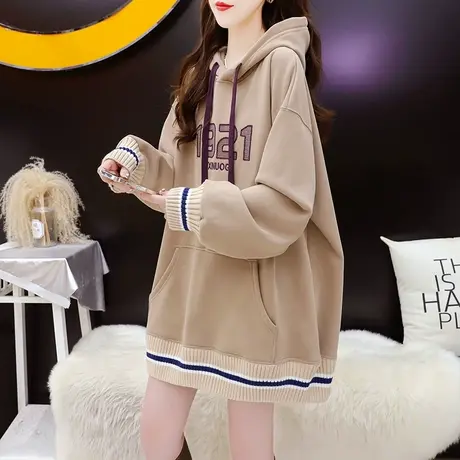 加绒加厚连帽卫衣女中长款2024新款春季慵懒风宽松设计感上衣外套图片