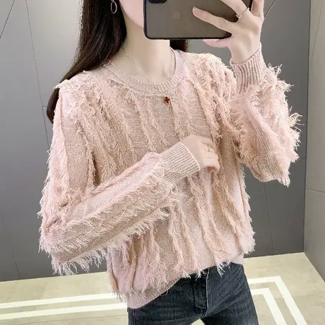 法式设计感流苏短款毛衣女春秋冬宽松百搭内搭休闲慵懒风针织上衣图片