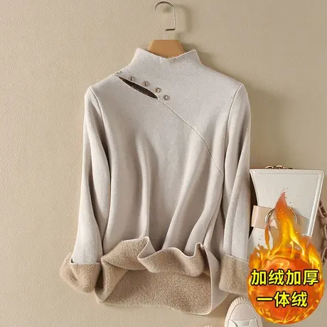 一体绒半高领毛衣女2023年秋冬新款加绒加厚宽松内搭针织打底衫女图片