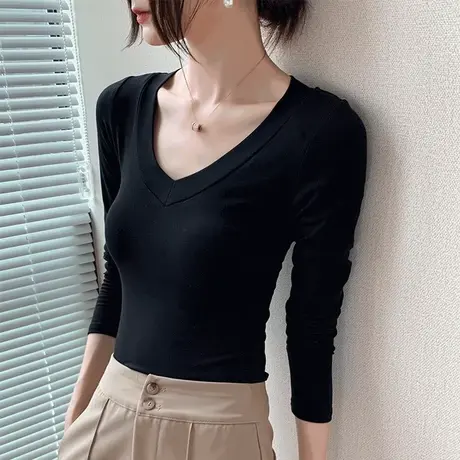 大V领纯色打底衫女2023春季新款低领百搭修身显瘦西装内搭长袖T恤图片