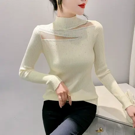 性感网纱拼接半高领针织衫欧货不规则烫钻上衣秋季新款修身打底衫商品大图