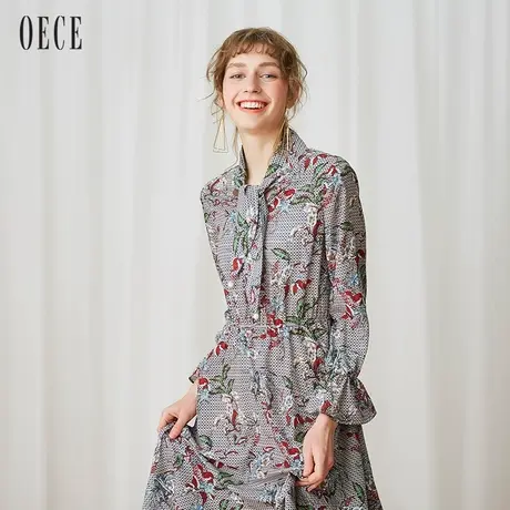 Oece春装女装复古印花系带长袖雪纺连衣裙春图片