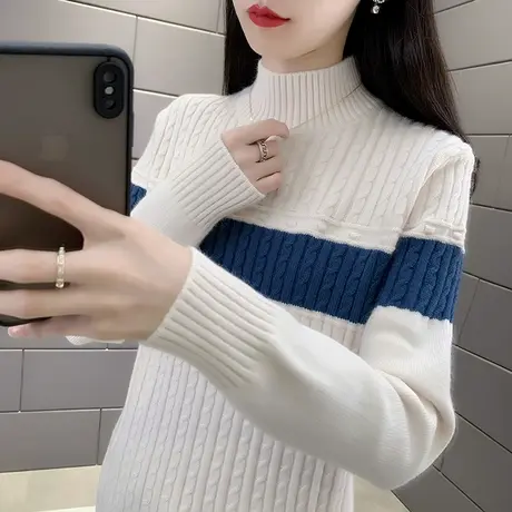 高级感半高领拼色毛衣女2023秋冬新款加厚针织打底衫洋气百搭上衣商品大图