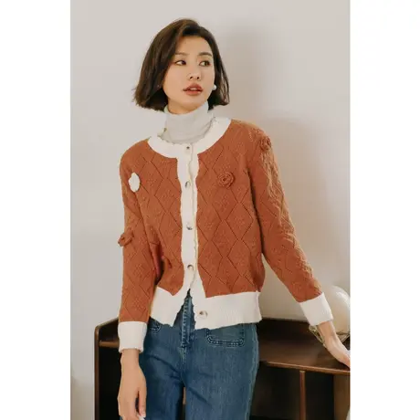 弥古法式针织开衫女春秋高级感小众立体花朵毛衣外套2023秋装新款图片