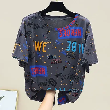 T恤短袖女2023年夏季网红t恤ins半袖上衣印花字母宽松中长款女装商品大图