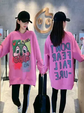 2023秋季新款拉链卡通字母印花中长款圆领卫衣百搭宽松长袖上衣潮商品大图