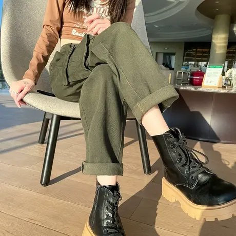 军绿色工装牛仔裤女春秋季高腰宽松直筒卷边显瘦大口袋美式休闲裤图片