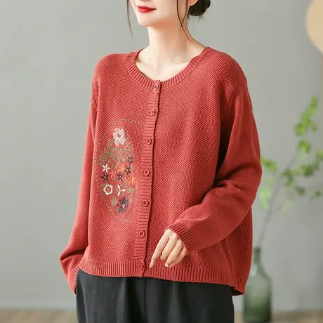 dza 复古休闲圆领毛衣外套女春秋宽松棉线针织衫外搭开衫百搭上衣图片