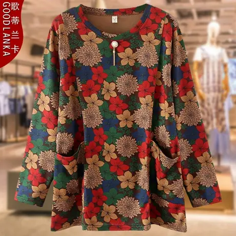 中年妈妈装春秋新款长袖花色上衣洋气时尚加肥加大码女装宽松小衫图片