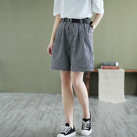 枫谜21年夏季新款文艺韩版格子棉麻短裤女宽松休闲百搭休闲阔腿裤图片