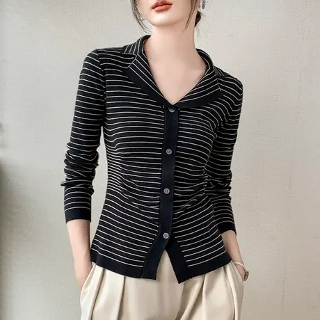 条纹针织开衫女外套2023秋冬新款韩版修身外穿单排扣长袖翻领上衣商品大图