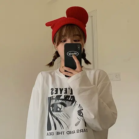 2020新款韩版春秋薄款原创设计漫画宽松纯棉圆领长袖卫衣女慵懒风图片