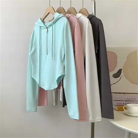 粉红色连帽半拉链帽衫打底衫女高腰显瘦纯色设计感舞蹈服现代上衣商品大图