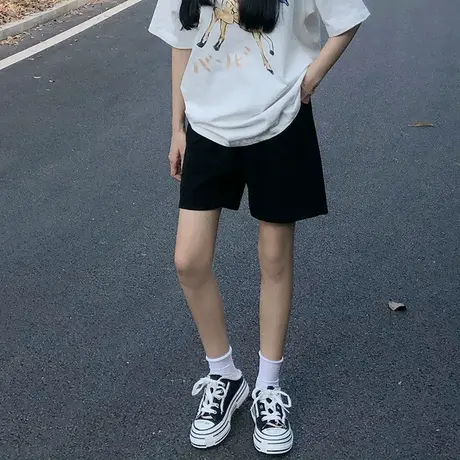 小个子黑色运动阔腿裤高腰裤子夏季宽松显瘦A字直筒休闲短裤女装商品大图